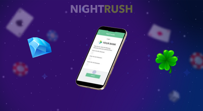 Ein Smartphone zeigt den Bezahl- und Anmeldebildschirm von Rapid Transfer an, daneben eine grüne Nelke und einen blauen Edelstein vor einem dunkelblauen, sternförmigen Hintergrund.