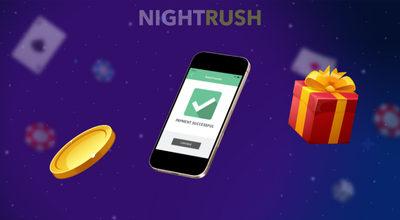 A smartphone displays a Payment Successful screen, a gift box and a gold chip next to it, against a dark blue, starry background.