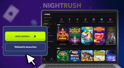 Auf einem Laptop wird die Homepage von Madcasino angezeigt, rechts daneben befinden sich Schaltflächen.