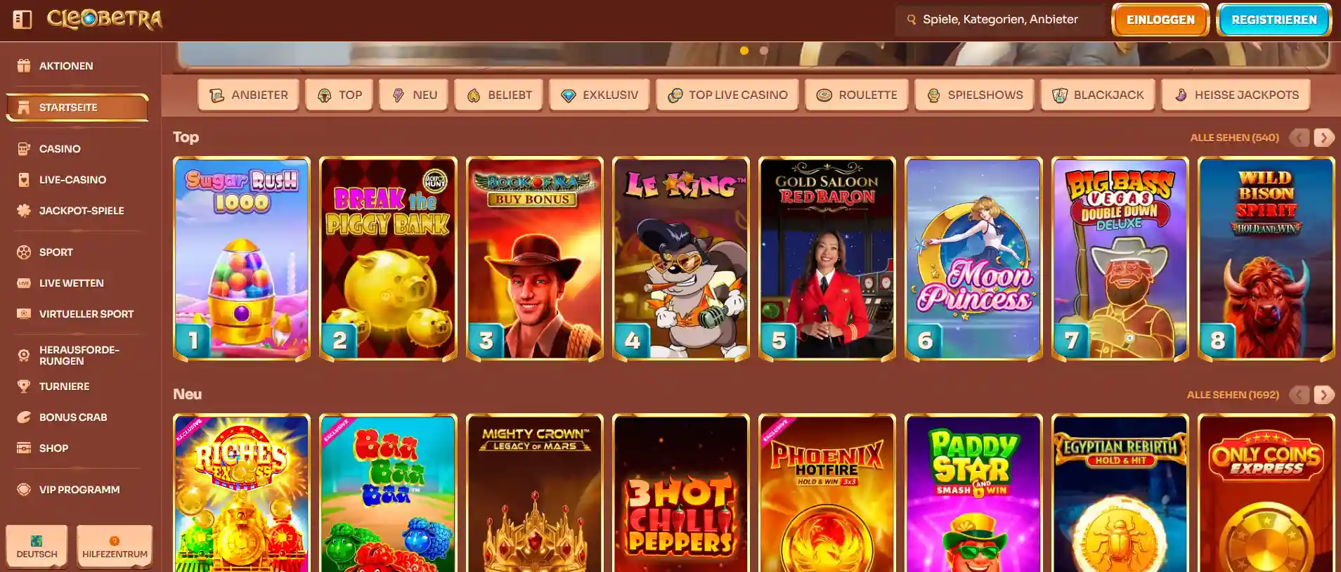 Cleobetra Casino Startseite mit Spielautomaten