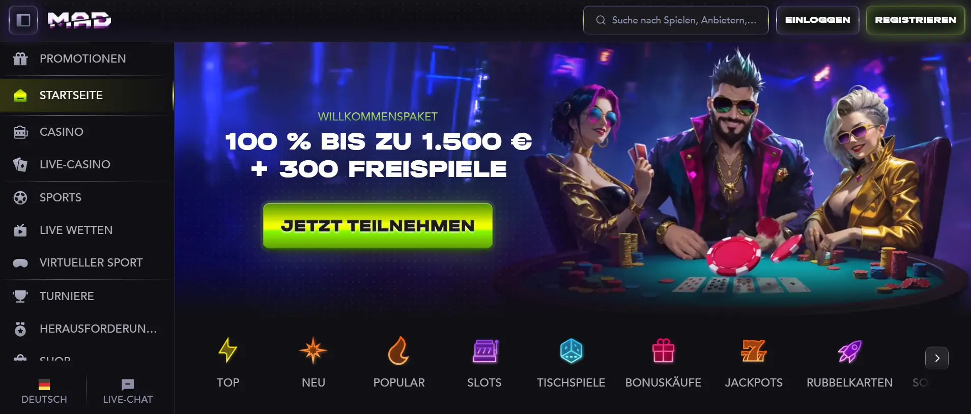 Die Homepage von Madcasino wirbt mit einem Banner in der Mitte für einen Willkommensbonus.
