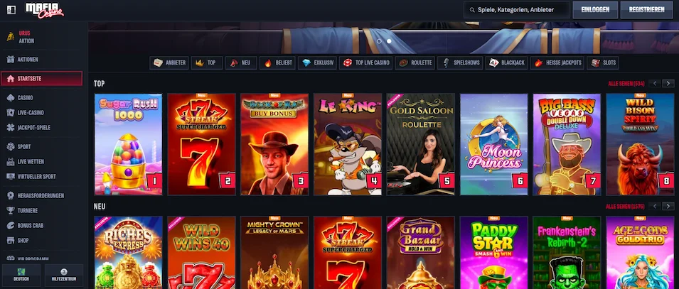 Mafia Casino Homepage mit Auswahl an Spielautomaten