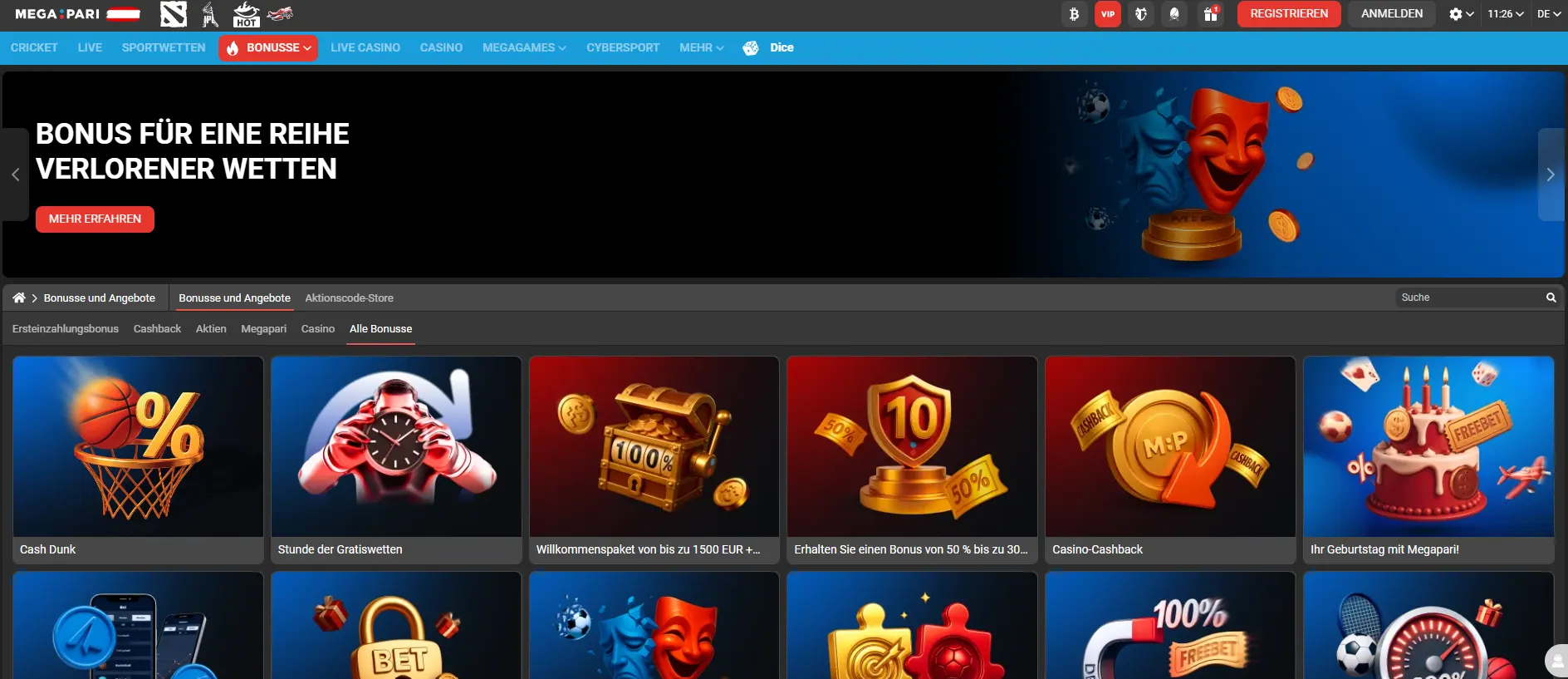 Megapari Casino Startseite mit Casino Spielen und Boni