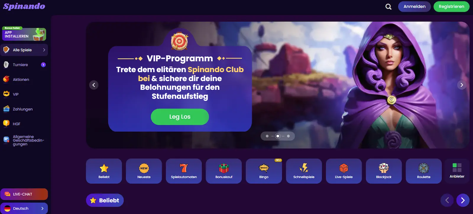 Spinando Homepage mit Casino Spielen