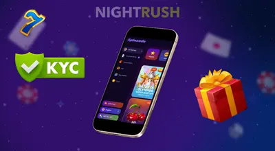 Ein Telefon zeigt Spinando-Spiele mit einer Sieben, einer Geschenkbox und einem KYC-Button vor einem Sternenhimmel.