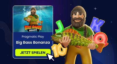 Detailansicht des Spiels "Big Bass Bonanza" von Pragmatic Play, mit einem Fischer, der einen großen Fisch hält, und einem "JETZT SPIELEN"-Button.