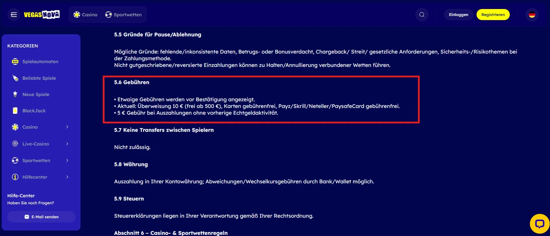 Ein Screenshot von der Vegas Nova T&C-Seite mit blauem Hintergrund, Abschnitt 5.6 ist ausgewählt.