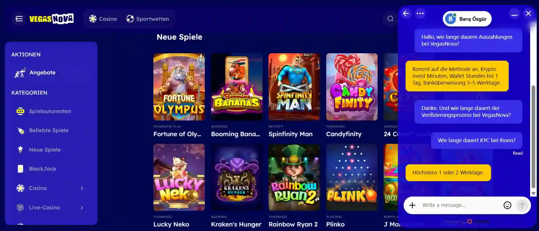 Vegas Nova Live Chat mit Kundenservice.