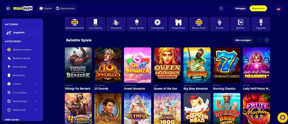 Vegas Nova Homepage mit Casino Spielen und Slots