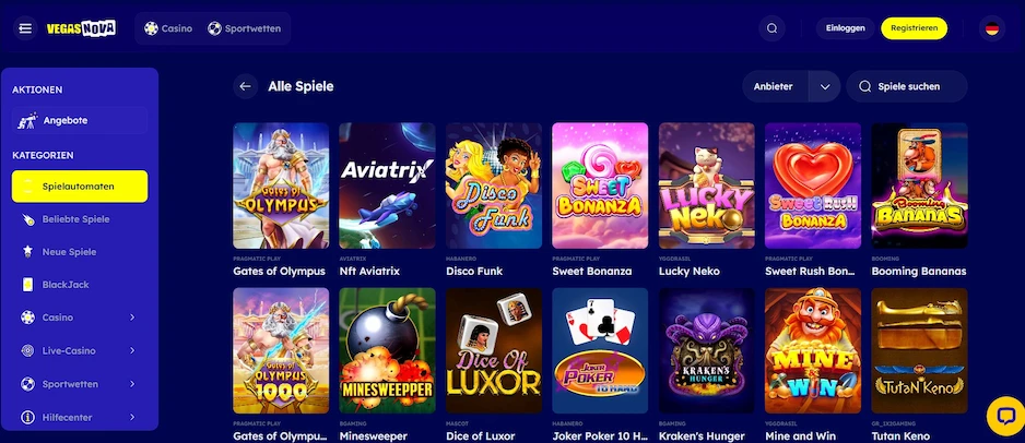 Vegas Nova Auswahl an Spielautomaten