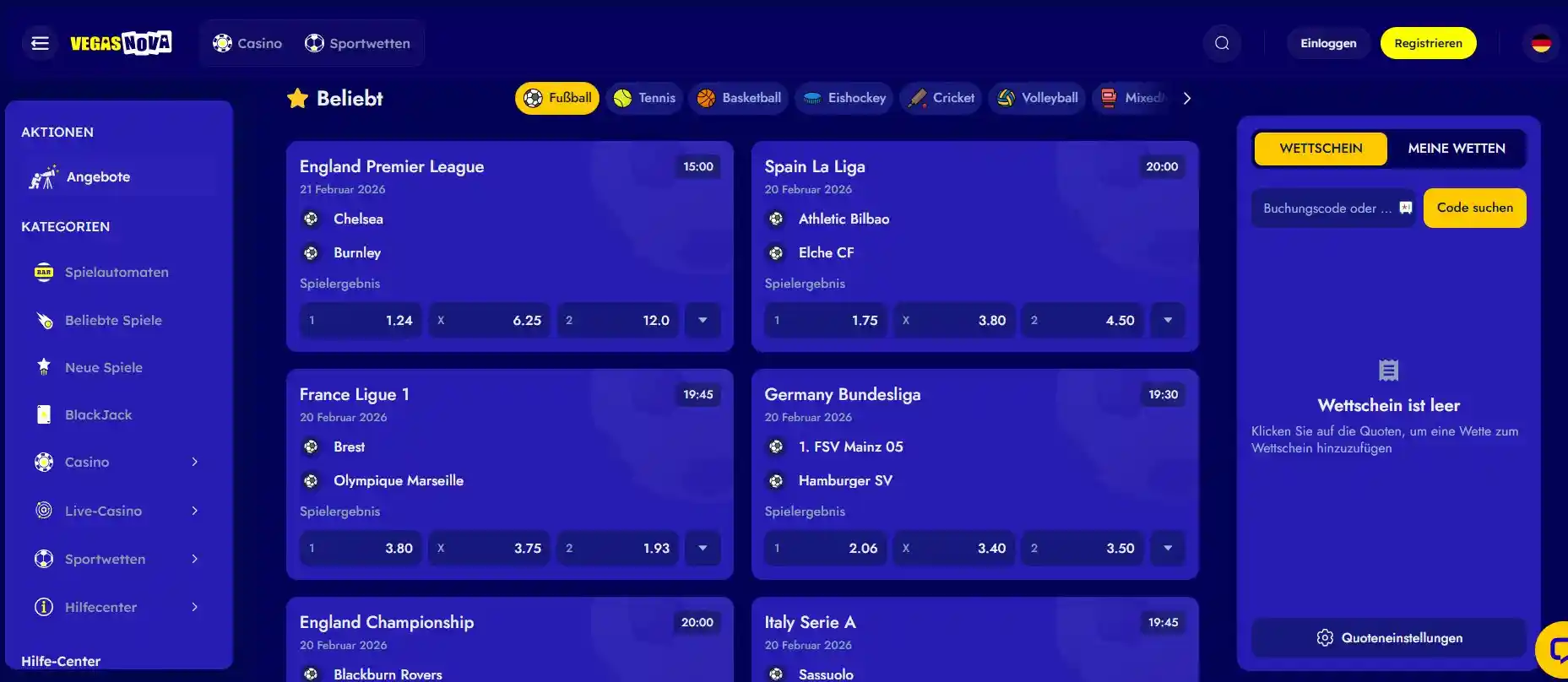 Vegas Nova Sportwetten und Live Wetten