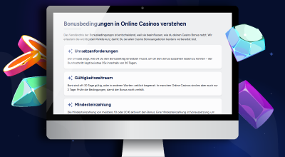 Bildschirm zeigt Website "Bonusbedingungen in Online Casinos verstehen" mit Abschnitten zu Umsatzanforderungen, Gültigkeitszeitraum und Mindesteinzahlung.