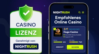 Digitale Casino-Lizenz, von NIGHTRUSH genehmigt, neben einer Spinando Casino Bewertung auf einem Handy.