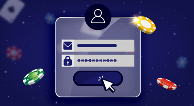 Eine digitale Illustration zeigt ein Anmeldeformular mit einem E-Mail-Feld, einem mit Sternchen gefüllten Passwortfeld und einer Schaltfläche "Anmelden", auf die ein Cursor klickt, umgeben von unscharfen Spielkarten und Pokerchips vor einem dunkelblauen Hintergrund mit schwachen weißen Punkten.