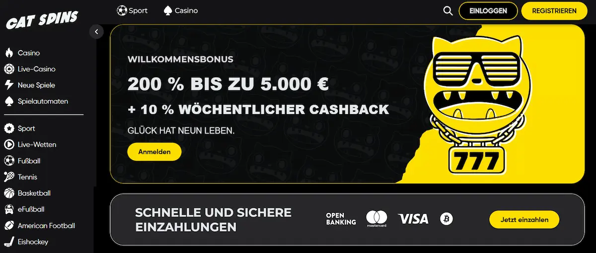 Cat Spins Homepage mit Willkommensbonus und Cashback