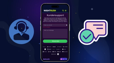 Smartphone-Bildschirm zeigt Casino-Kundensupport-Optionen: Live-Chat, E-Mail und FAQs