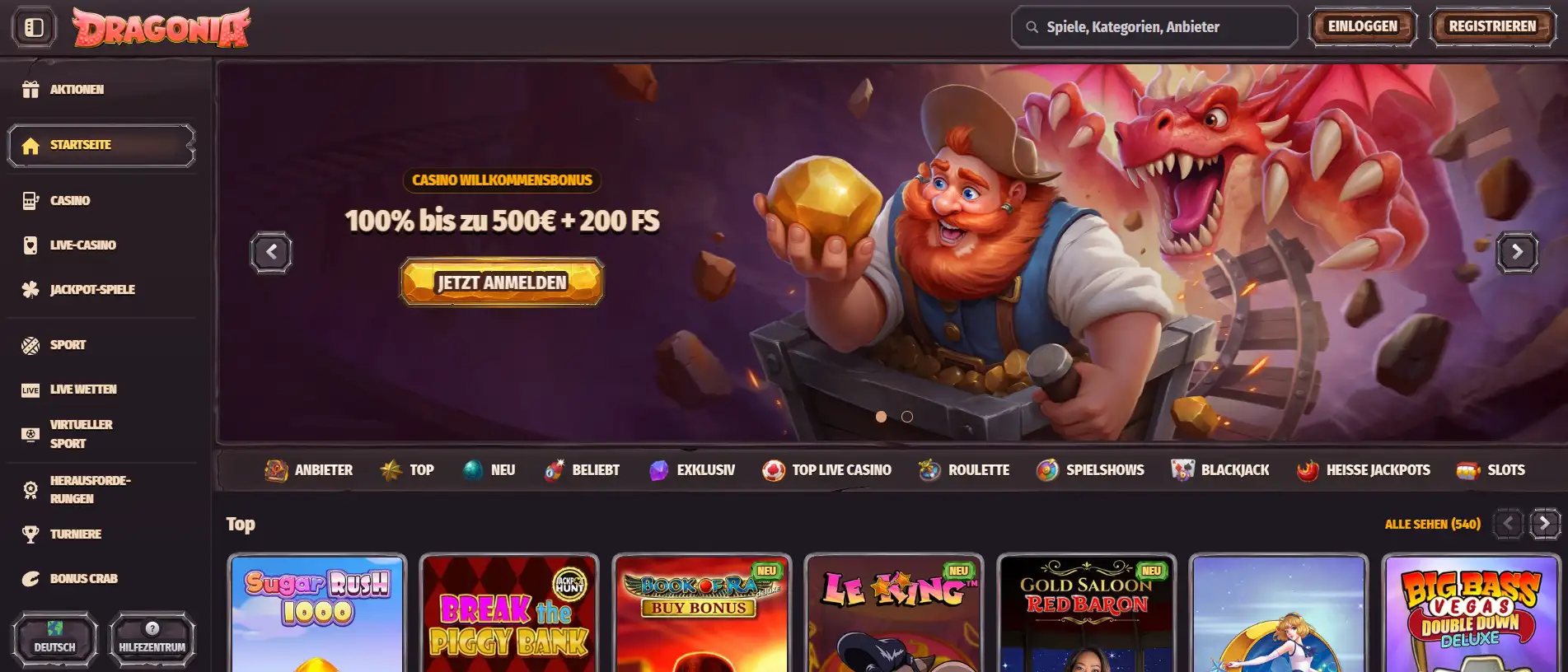 Dragonia Casino Homepage mit Willkommensbonus