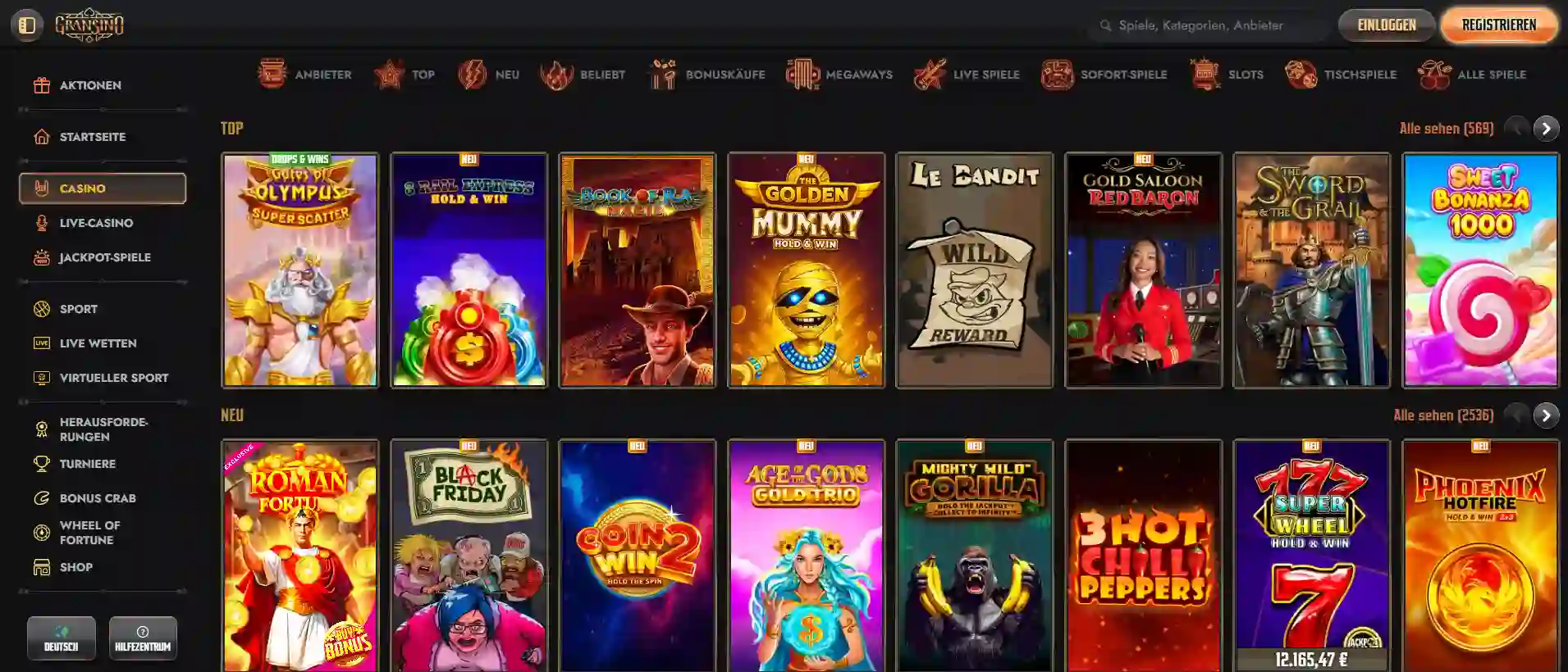 Gransino Casino Spiele und beliebte Spielautomaten