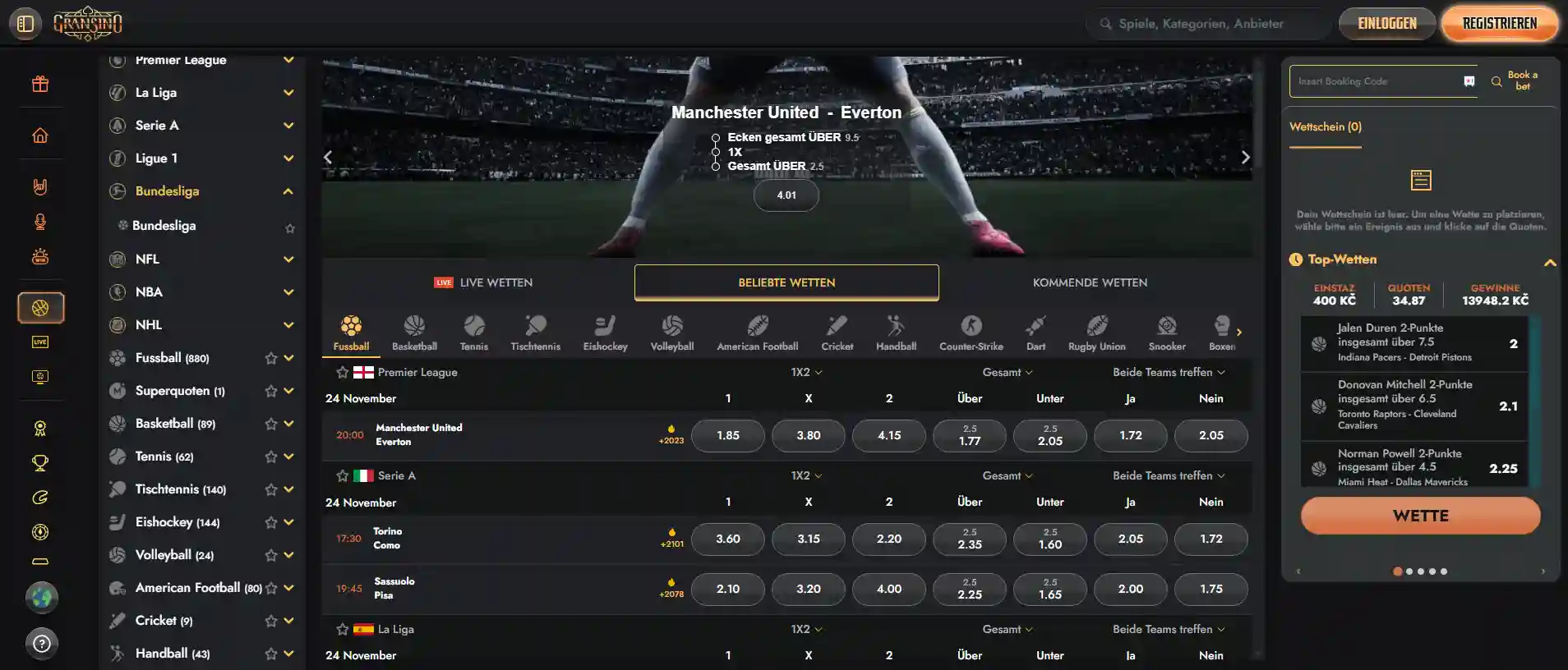 Gransino Casino Sportwetten und Live-Wetten.