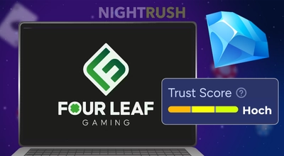 Smartphone zeigt empfohlene Curacao Casinos mit hohem Vertrauenswert und das Four Leaf Gaming Logo.