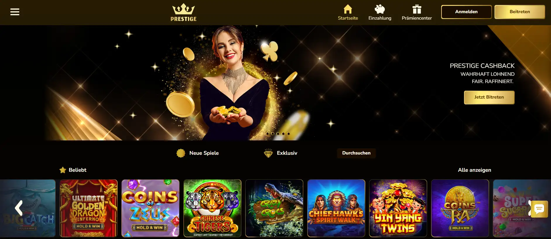 Prestige Casino Startseite mit beliebten Casinospielen und Cashback