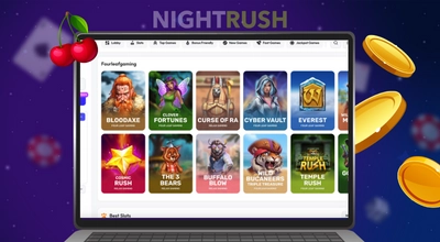 Laptop zeigt eine Übersicht der Four Leaf Gaming Spielautomaten auf einer Casino-Website.