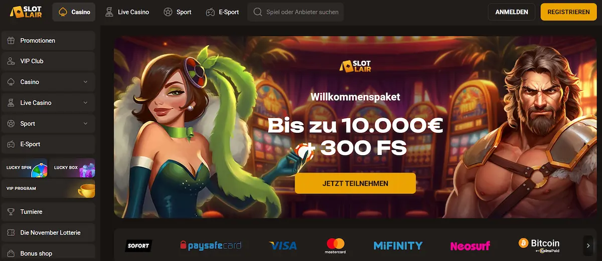 SlotLair Casino Startseite mit Willkommenspaket