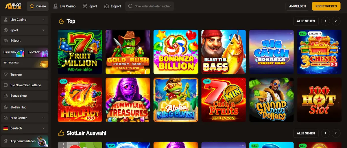 SlotLair Casino Startseite mit Willkommenspaket