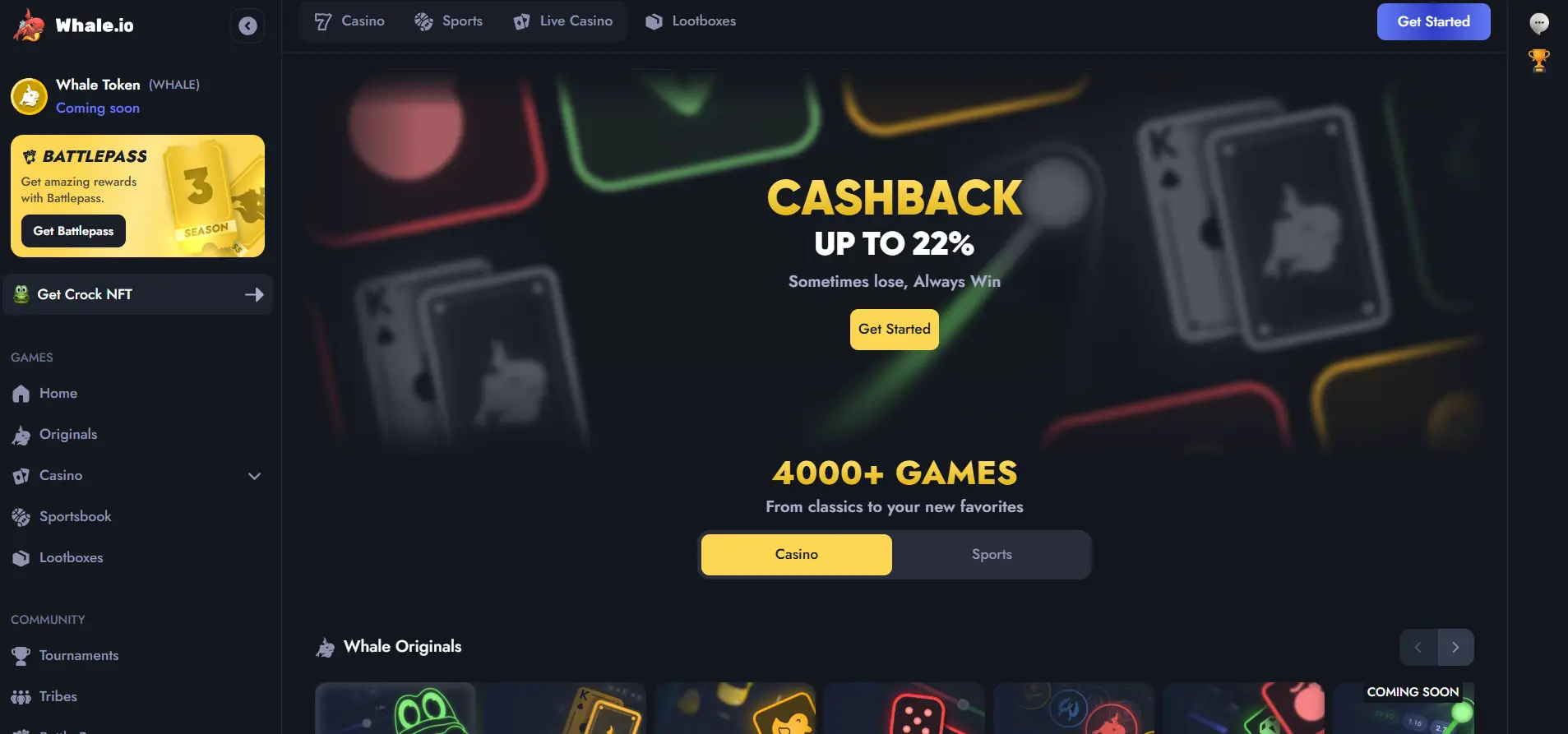 Whale.io Casino Seite mit Cashback und Spielen