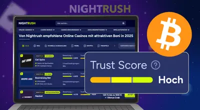 Laptop-Bildschirm mit vertrauenswürdigen Casino-Bewertungen und Vertrauensscore für Bitcoin Casinos.