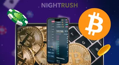 Smartphone mit animierter Bitcoin-Überweisung für eine Casino-Einzahlung und Willkommensbonus.