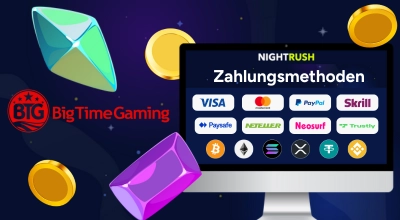 Monitor zeigt verschiedene Casino Ein- und Auszahlungsmethoden, darunter Krypto- und Fiat-Zahlungslogos.