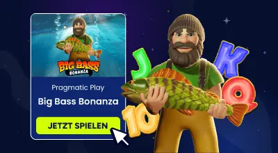 Detailansicht von Big Bass Bonanza und Jetzt Spielen Button.