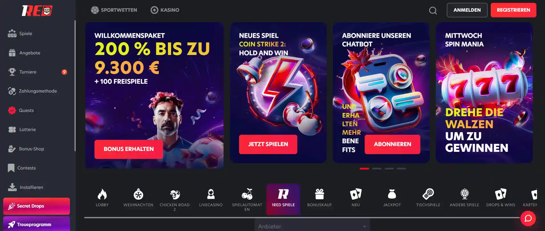 1Red Casino Startseite mit Willkommenspaket 