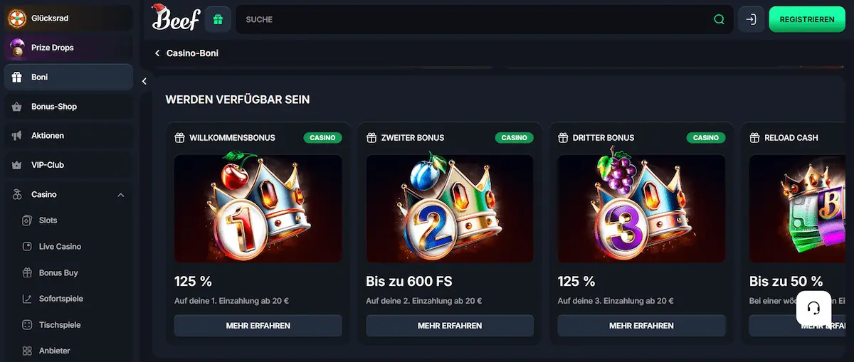Beef Casino Willkommensbonus Angebote