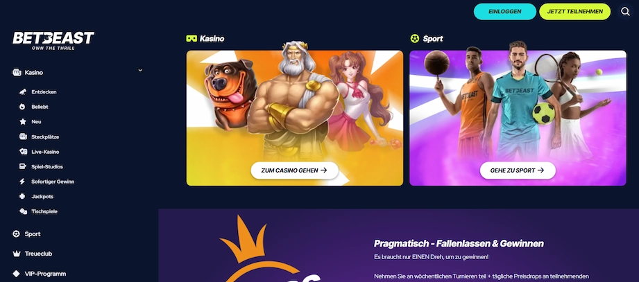 Betbeast Casino Startseite mit Willkommenangeboten.