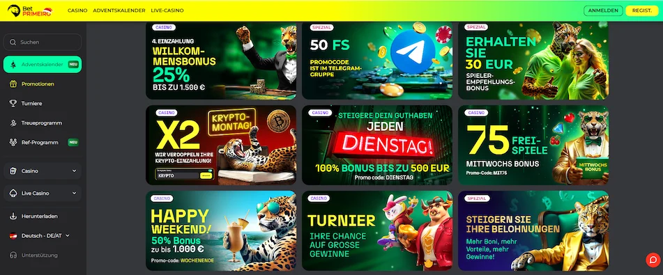 BetPRIMEIRO Casino Startseite mit Willkommensbonus