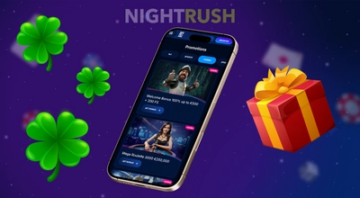 Smartphone-Bildschirm zeigt Casino Aktionen wie einen Willkommensbonus und ein Mega Roulette Angebot.