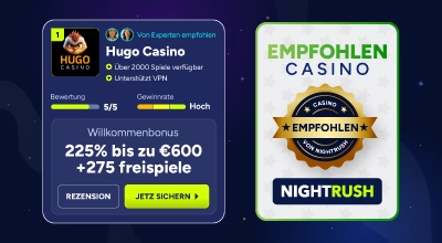 Hugo Casino mit Nightrush-Zertifizierung und Bonusangebot.