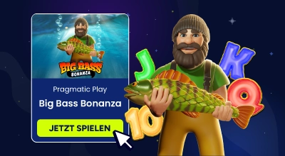 Charakter hält einen Fisch neben einem Casino-Spielbanner.