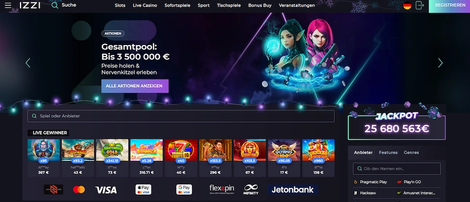Izzy Casino Startseite mit Auswahl an Casino Spielen und Jackpot.