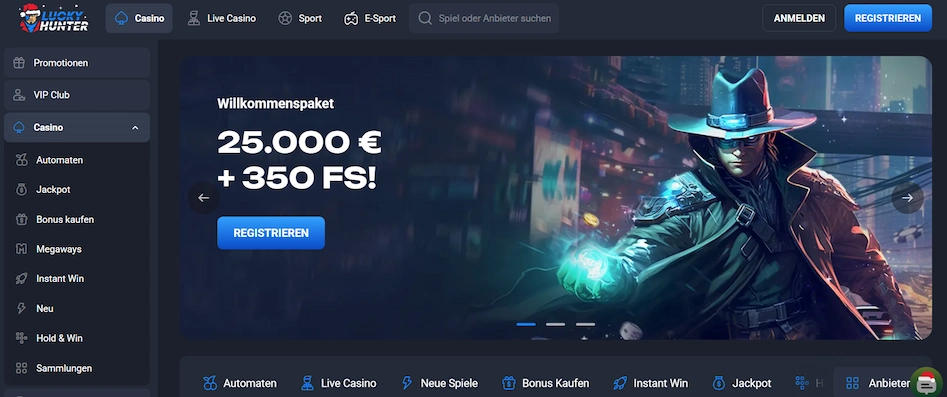 Lucky Hunter Casino Startseite mit WIllkommenspaket.