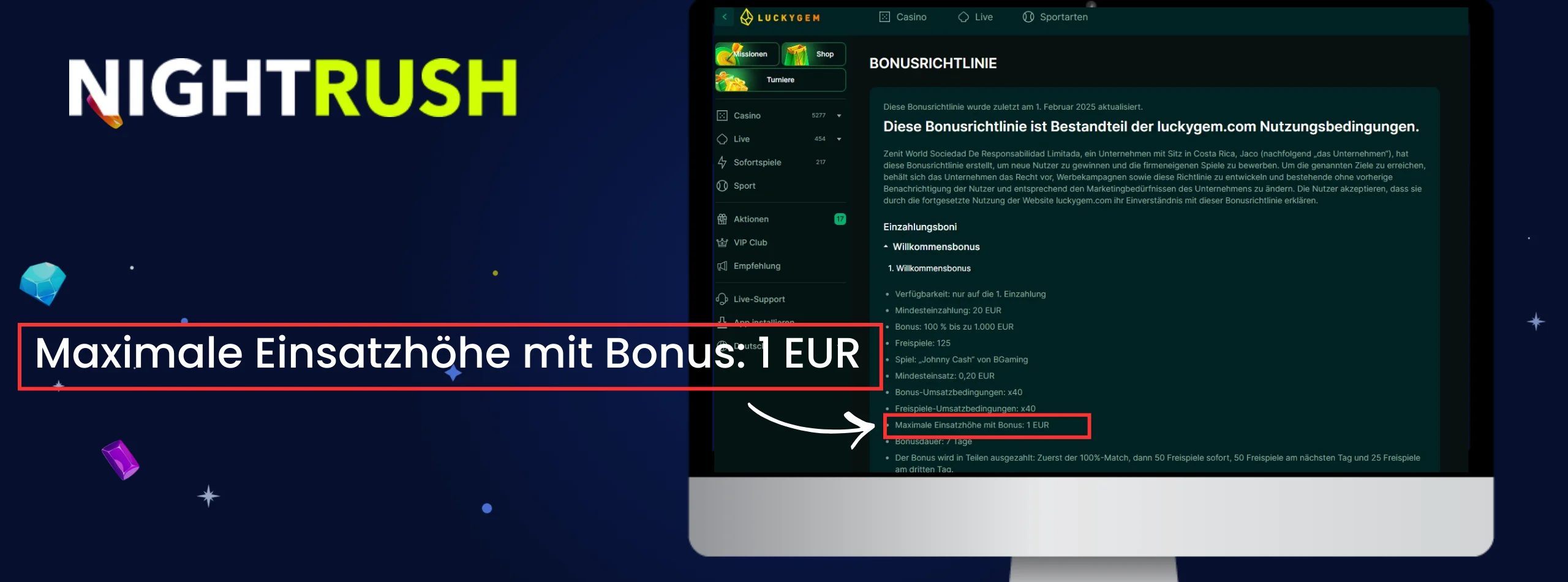 Ein Monitor, auf dem die Bonusbedingungen für LuckyGem angezeigt werden. Ein Callout-Feld hebt den maximalen Einsatz hervor.