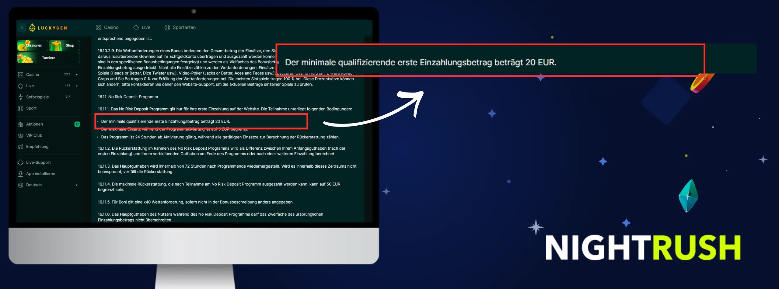 Monitor, auf dem die Seite mit den AGB für LuckyGem angezeigt wird. Ein Callout-Feld hebt Abschnitt 16.11 hervor.