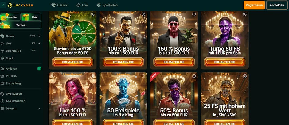 LuckyGem Casino Aktionen mit verschiedenen Boni