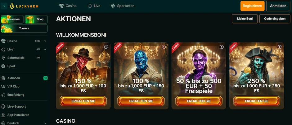LuckyGem Casino Startseite mit Willkommensboni