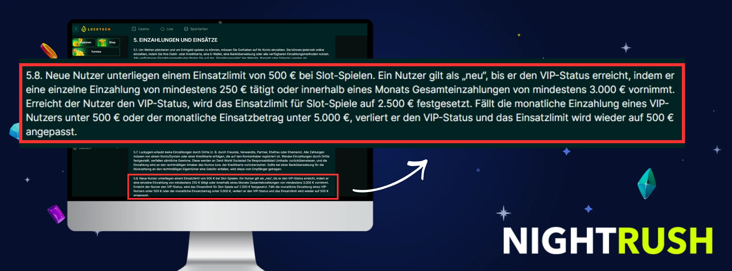 Monitor, auf dem die Seite mit den Allgemeinen Geschäftsbedingungen für LuckyGem angezeigt wird. Ein Callout-Feld hebt Abschnitt 5.8 hervor.