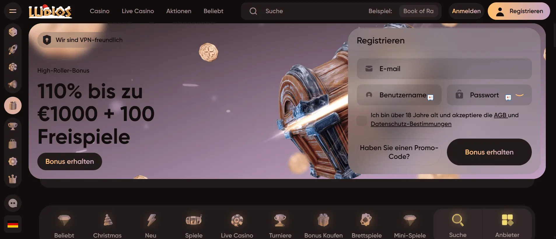 Ludios Casino Startseite mit Willkommensbonus