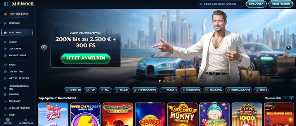 Millioner Casino Startseite mit Willkommensbonus und Top Spielen in Deutschland.