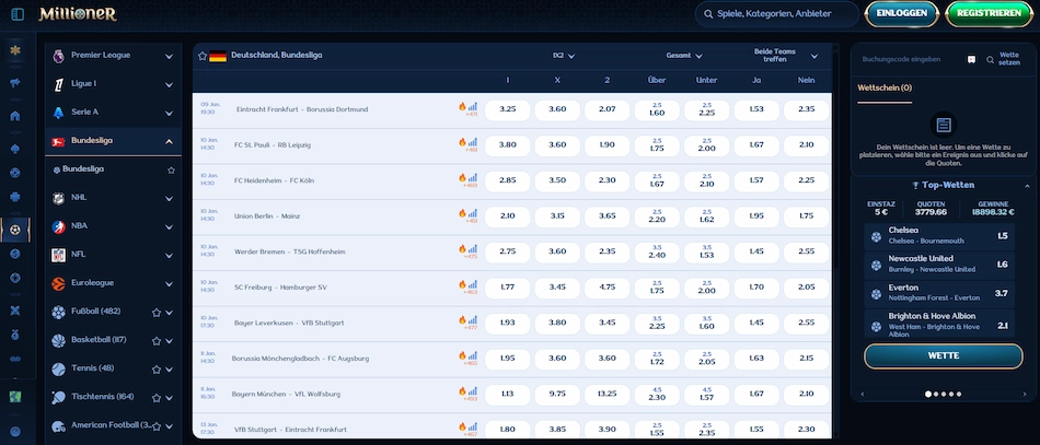 Millioner Casino Sportwetten und Live Wetten.